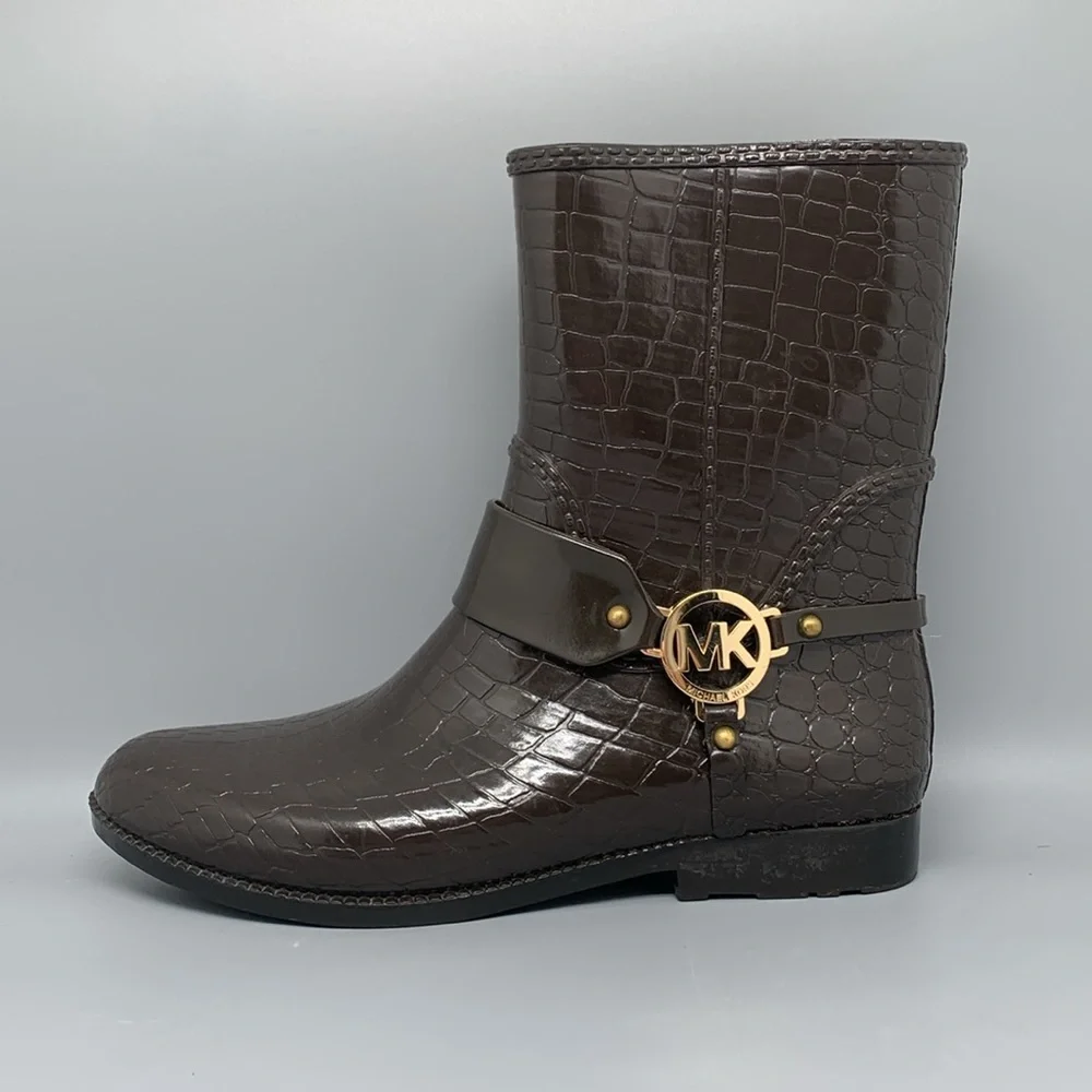 Michael Kors Fulton‎ Brown Embossed Croc Print Rubber Rain Boots Women's Sz 10